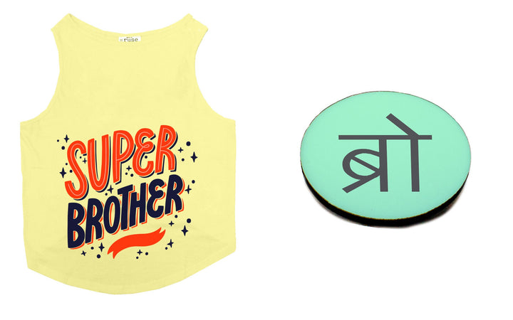 Set Of Dog Tee with Rakhi "Super Brother & Family Favorite" Printed Vest & Fridge Magnet Rakhi Gift For Bro/Boys Dogs