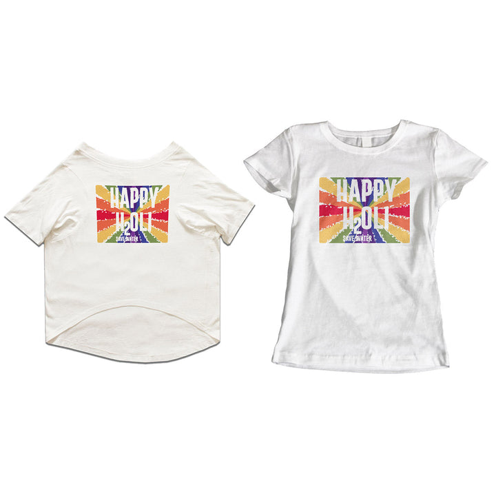 Ruse Twinning Basic Crew Neck "Happy Holi - Save Water" Colorful Printed Half Sleeves Cat and Women Pet Parent Tees Set