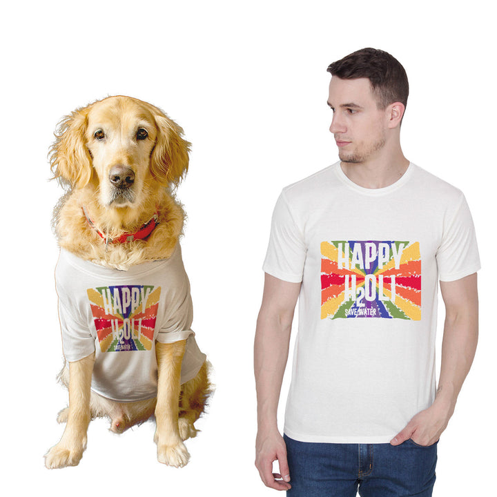 Ruse Twinning Basic Crew Neck "Happy Holi - Save Water" Colorful Printed Half Sleeves Dog and Men Pet Parent Tees Set