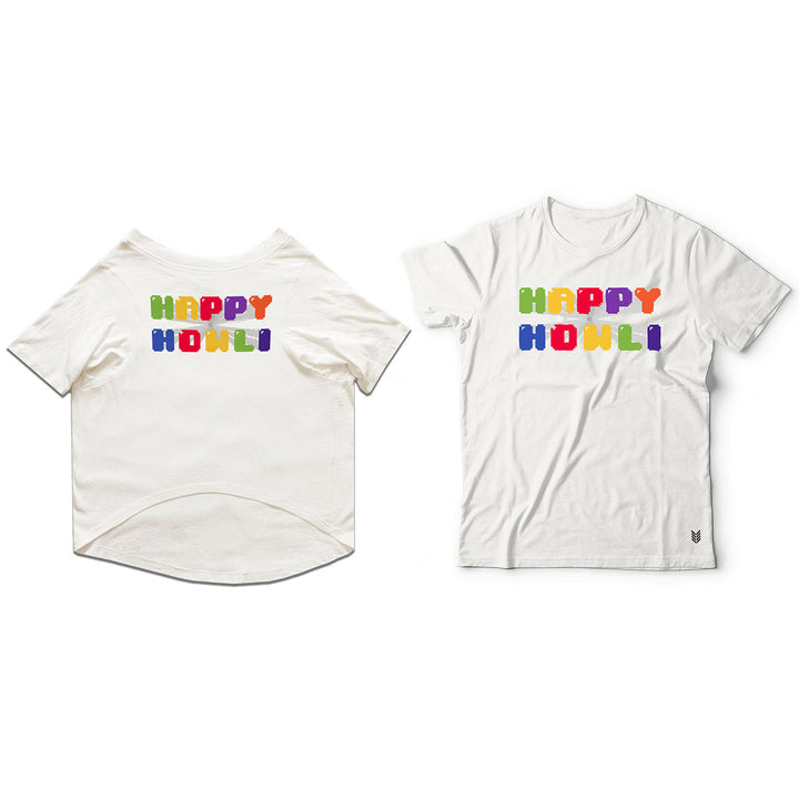 Ruse Twinning Basic Crew Neck "Happy Howli" Colorful Printed Half Sleeves Cat and Men Pet Parent Tees Set