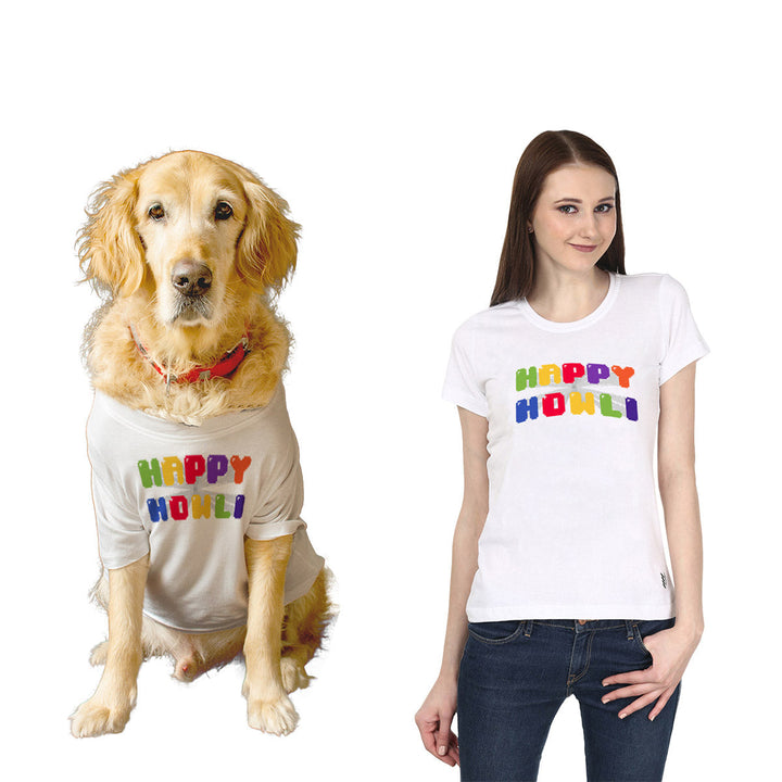 Ruse Twinning Basic Crew Neck "Happy Howli" Colorful Printed Half Sleeves Dog and Women Pet Parent Tees Set