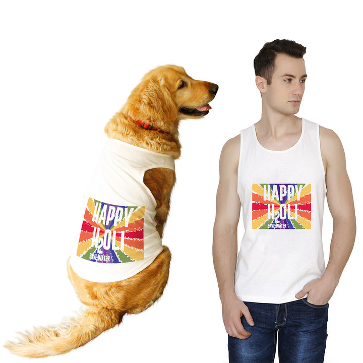 Ruse Twinning Vest "Happy Holi - Save Water" Colorful Printed Half Sleeves Dog and Men Pet Parent Tank Set