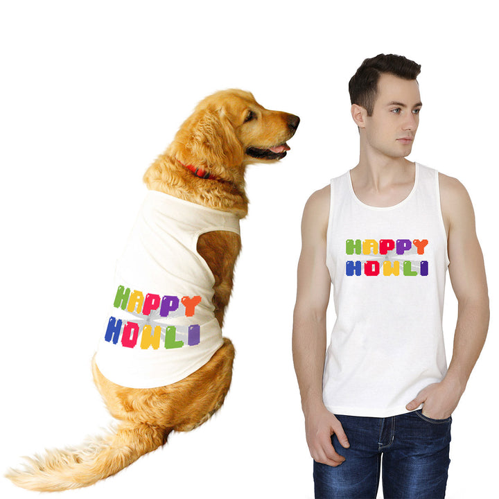 Ruse Twinning Vest "Happy Howli" Colorful Printed Half Sleeves Dog and Men Pet Parent Tank Set
