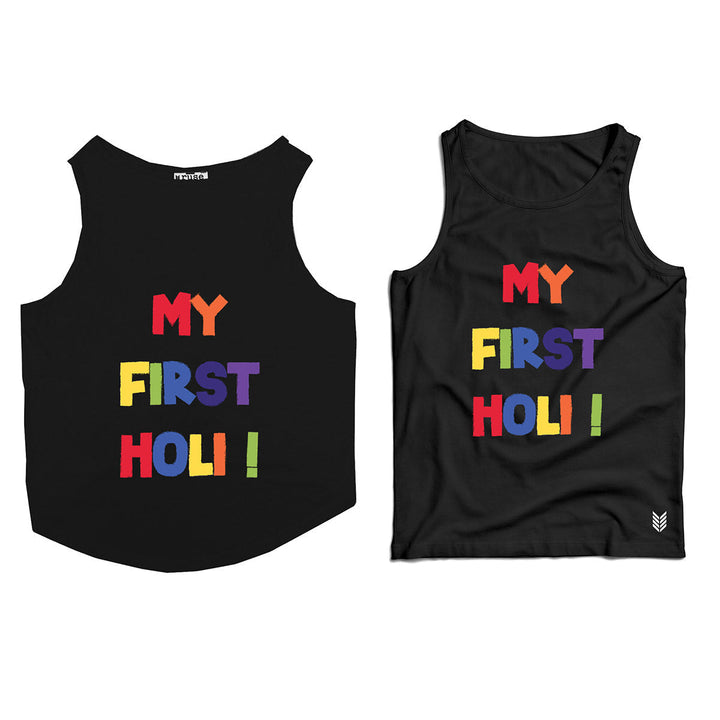 Ruse Twinning Vest "MY First Holi" Colorful Printed Half Sleeves Cat and Men Pet Parent Tank Set