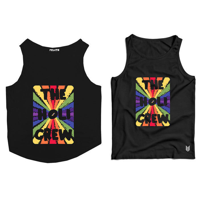 Ruse Twinning Vest "The Holi Crew" Colorful Printed Half Sleeves Cat and Men Pet Parent Tank Set