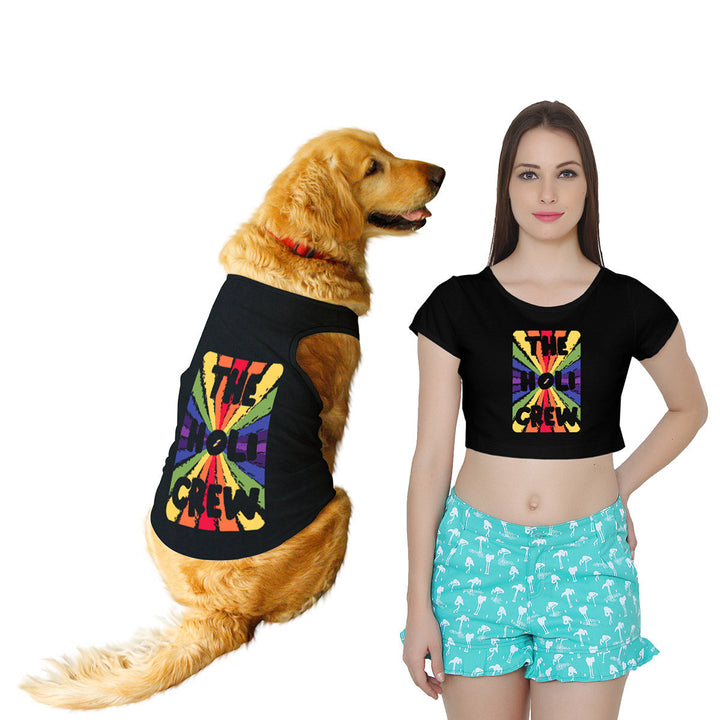 Ruse Twinning Women Crop Top & Dog Tank "The Holi Crew" Colorful Printed Half Sleeves Dog and Women Pet Parent Set