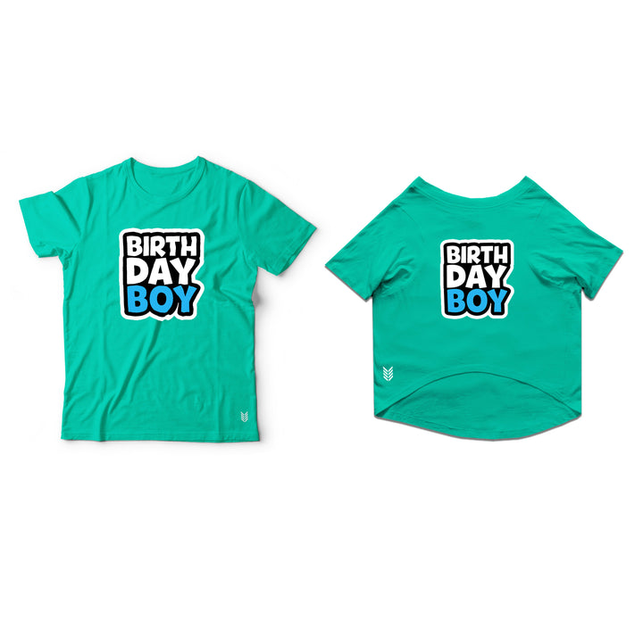 Ruse Twinning Basic Crew Neck "Birthday Boy - Two" Printed Half Sleeves Cat and Unisex Pet Parent Tees Set