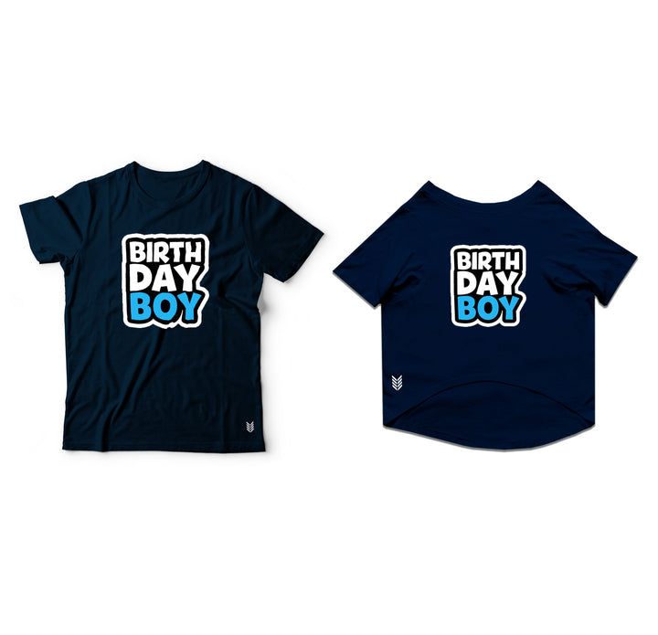 Ruse Twinning Basic Crew Neck "Birthday Boy - Two" Printed Half Sleeves Cat and Unisex Pet Parent Tees Set