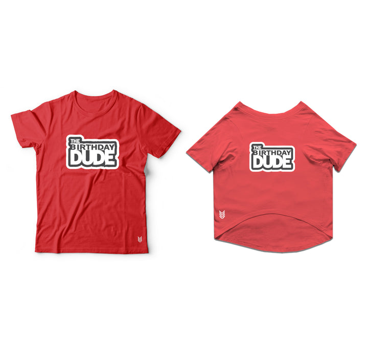 Ruse Twinning Basic Crew Neck "The Birthday Dude" Printed Half Sleeves Cat and Unisex Pet Parent Tees Set
