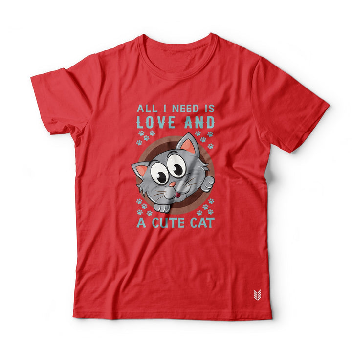 "Love and a Cute Cat" Printed Half Sleeves Basic Crew Neck Unisex Tee