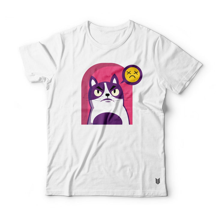 "Funny Cat Face Too" Printed Half Sleeves Basic Crew Neck Unisex Tee