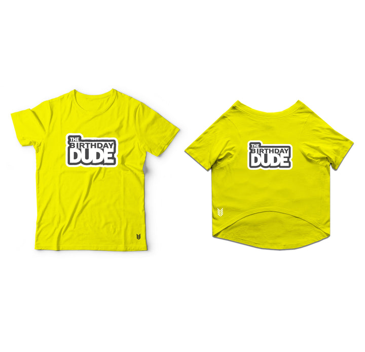 Ruse Twinning Basic Crew Neck "The Birthday Dude" Printed Half Sleeves Dog and Unisex Pet Parent Tees Set